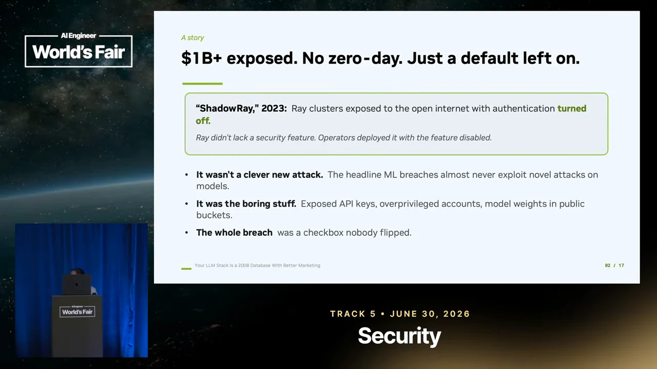 Slide titled “$1B+ exposed. No zero-day. Just a default left on.” with a ShadowRay callout and bullets about exposed keys, overprivileged accounts, and public model weights.