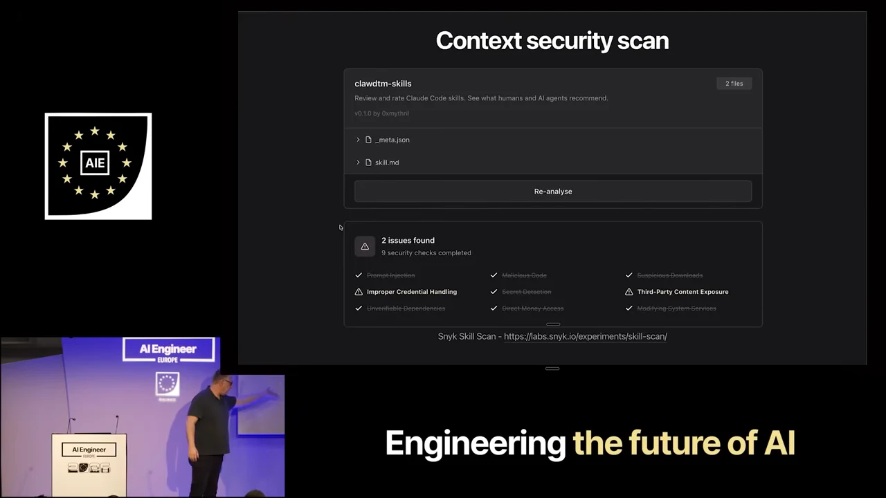 Slide titled “Context security scan” shows a Snyk scan result with two issues: Improper Credential Handling and Third-Party Content Exposure.