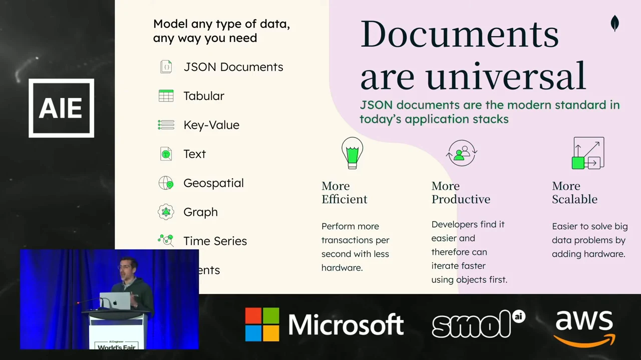 “Documents are universal” slide listing JSON documents, tabular, key-value, text, geospatial, graph, and time series data beside More Efficient, More Productive, and More Scalable columns.