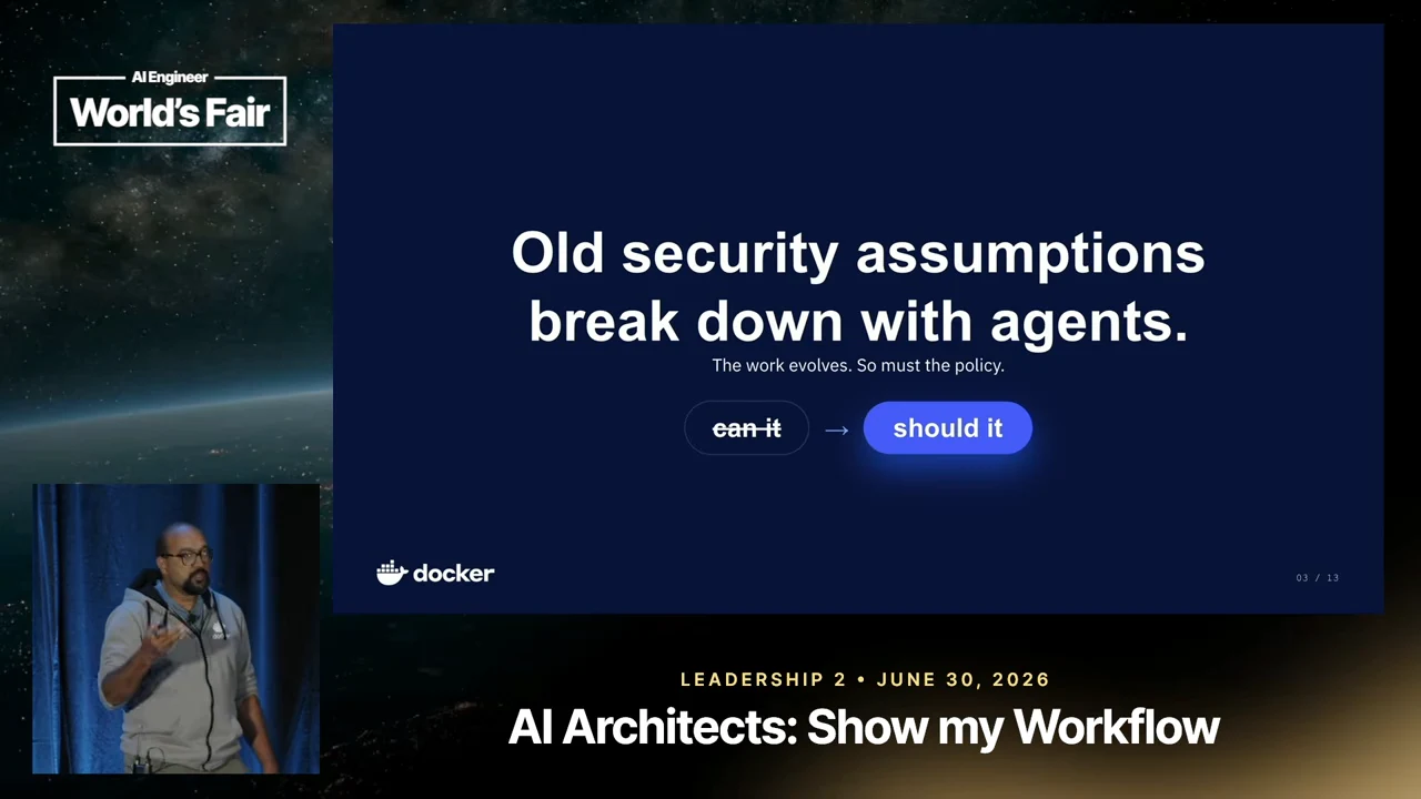 Slide reading “Old security assumptions break down with agents,” with crossed-out “can it” pointing to highlighted “should it.”