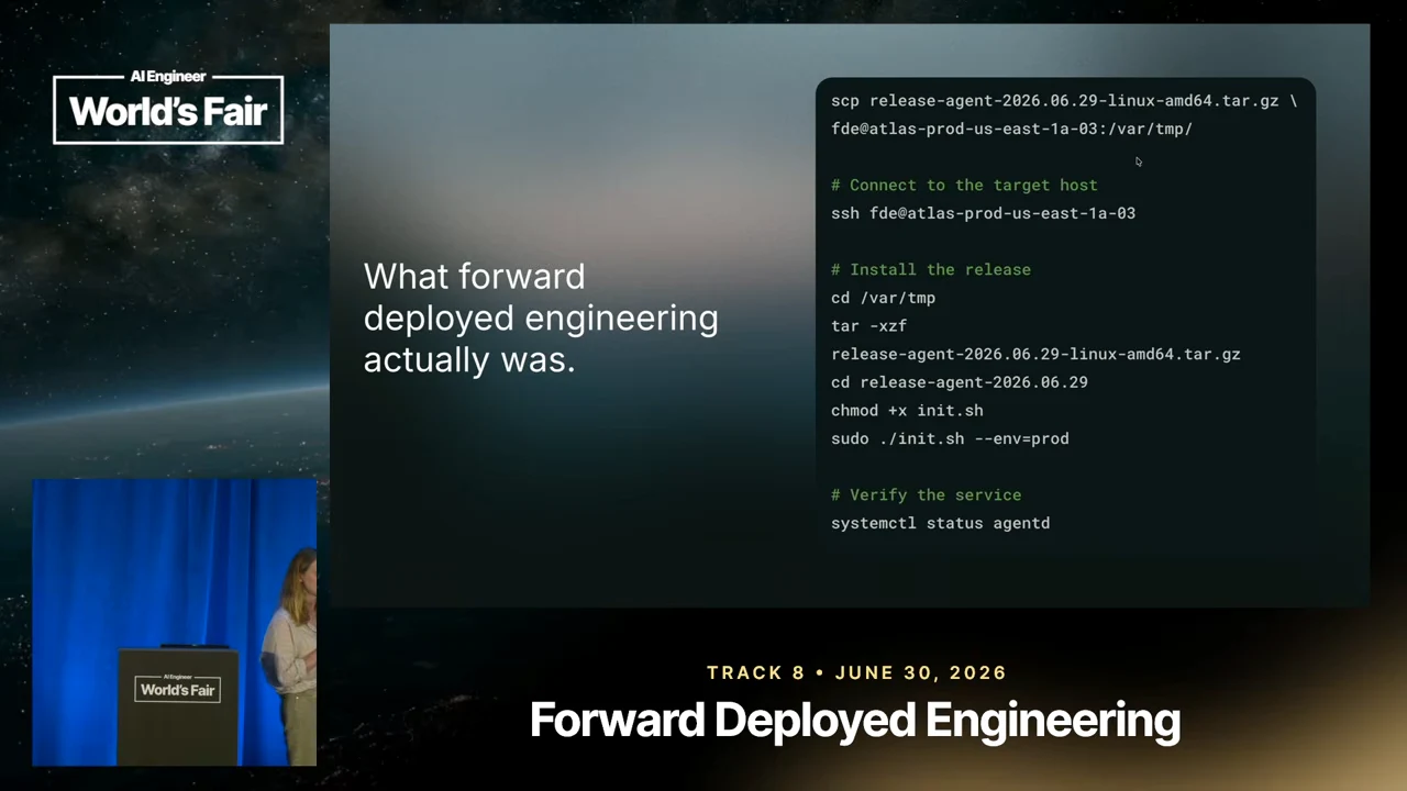 Slide titled “What forward deployed engineering actually was” beside terminal commands for connecting to a host, installing a release and checking a service.