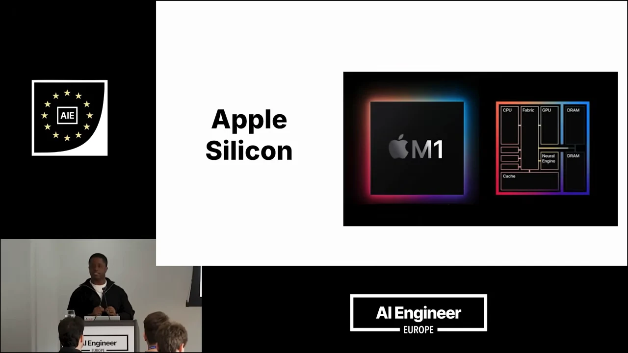 Slide titled Apple Silicon beside an M1 chip image and a labeled component diagram.