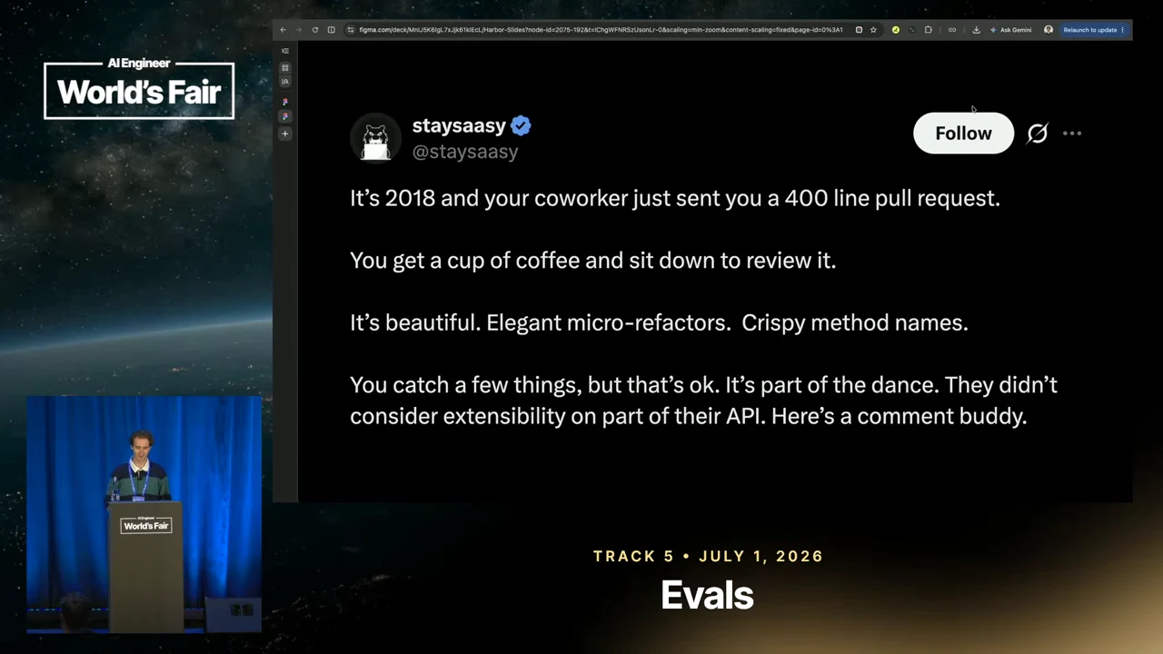 Slide showing a StaySaaSY post about coffee, elegant micro-refactors, method names, and API extensibility during code review.
