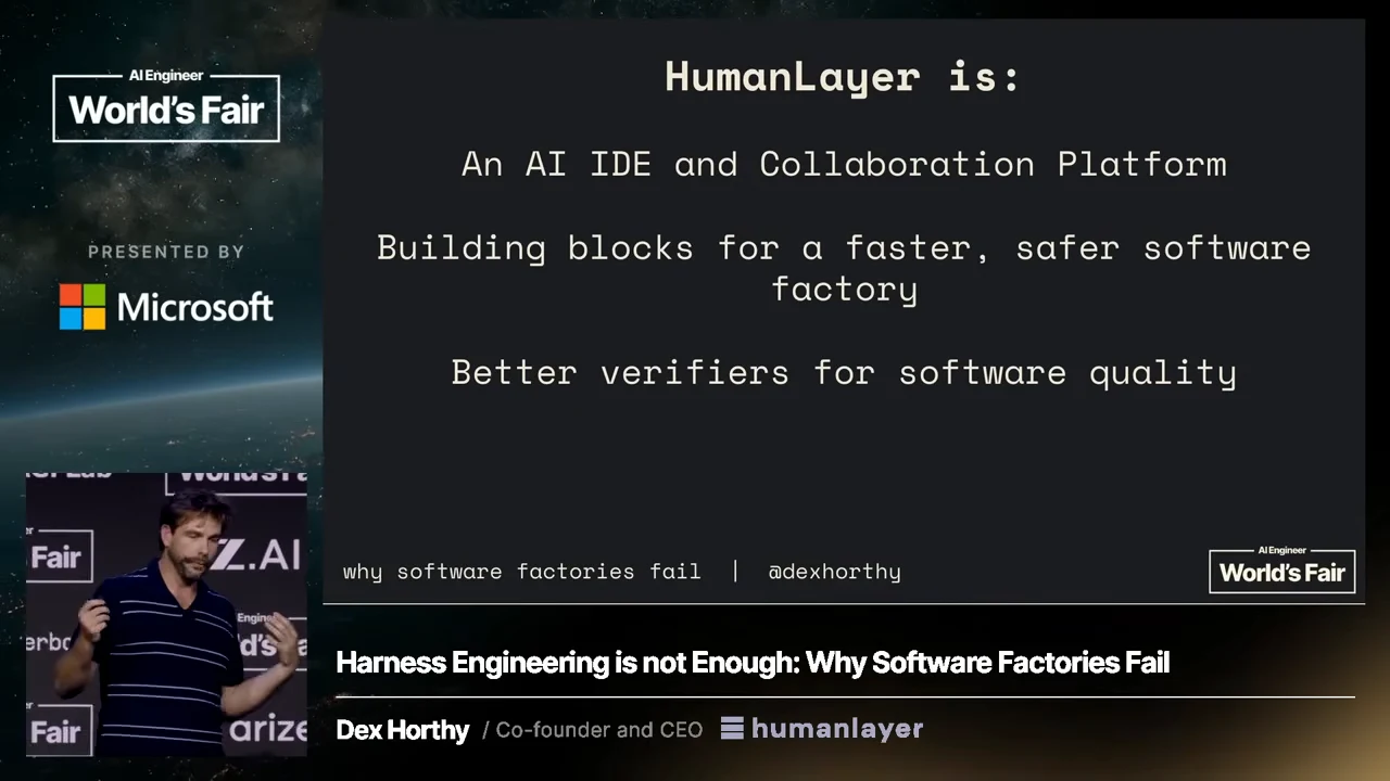 Slide headed “HumanLayer is,” followed by three statements about collaboration, a faster and safer software factory, and software quality verifiers.