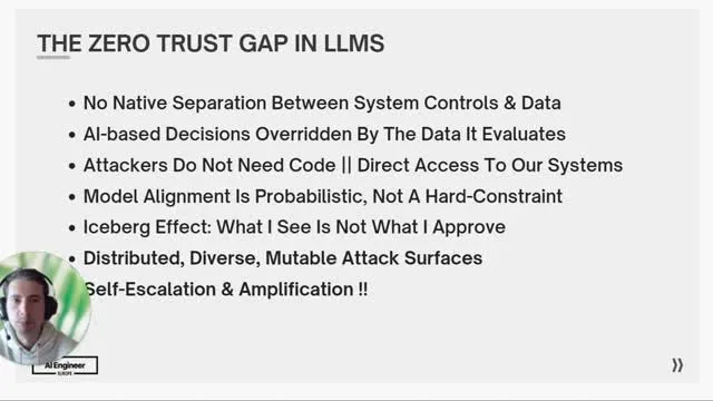 The talk’s zero-trust gap: model alignment is not a hard execution boundary.
