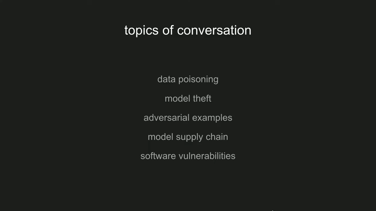 Topics of conversation: data poisoning, model theft, adversarial examples, model supply chain, and software vulnerabilities.