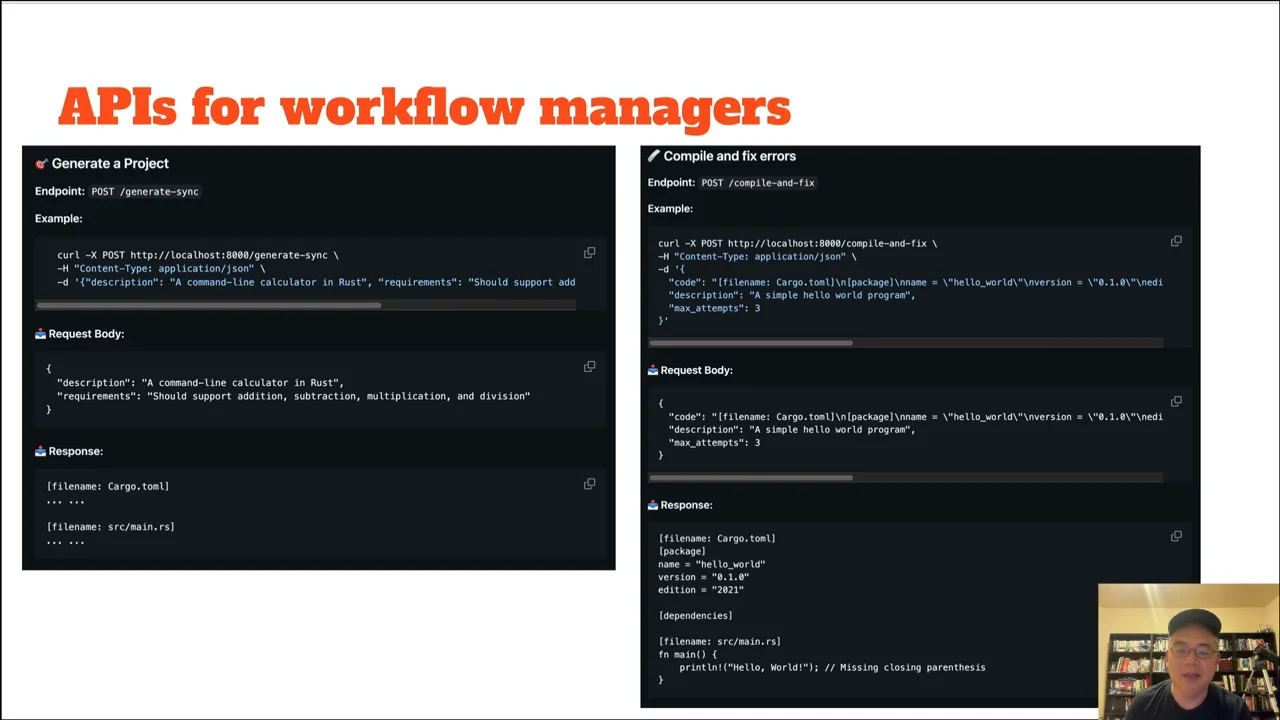 Slide titled “APIs for workflow managers” with side-by-side documentation panels for generating a project and compiling and fixing errors, including request and response blocks.