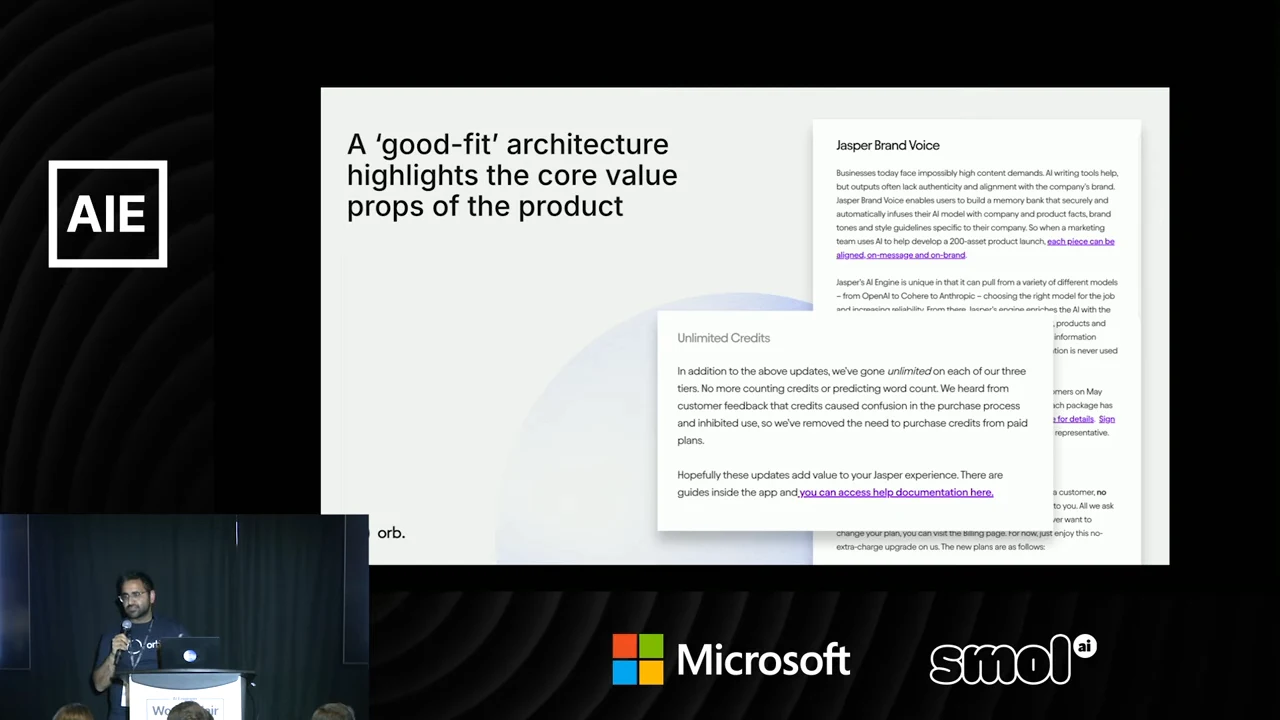 Slide titled “A ‘good-fit’ architecture highlights the core value props of the product,” with overlapping Jasper Brand Voice and Unlimited Credits excerpts.