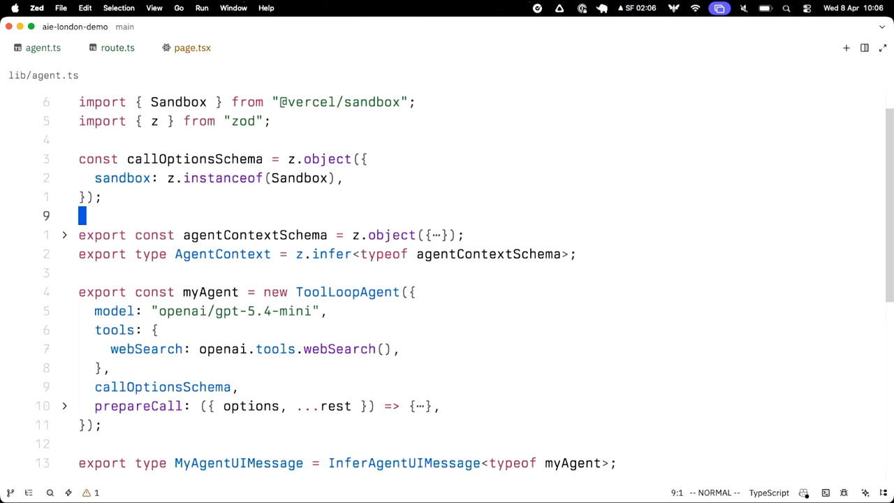 Code editor showing Sandbox and Zod imports, callOptionsSchema with sandbox: z.instanceof(Sandbox), and a ToolLoopAgent configuration referencing that schema. Other code blocks are folded.