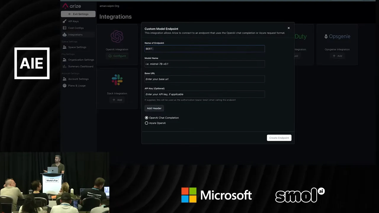Custom Model Endpoint dialog with endpoint name, model name, base URL, optional API key, header controls, and request-format options.