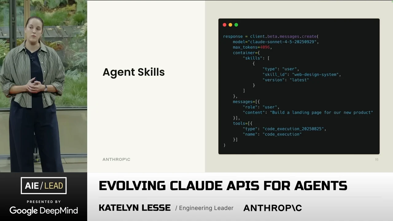 Agent Skills slide shows code specifying a web-design-system skill, a landing-page request, and a code-execution tool.
