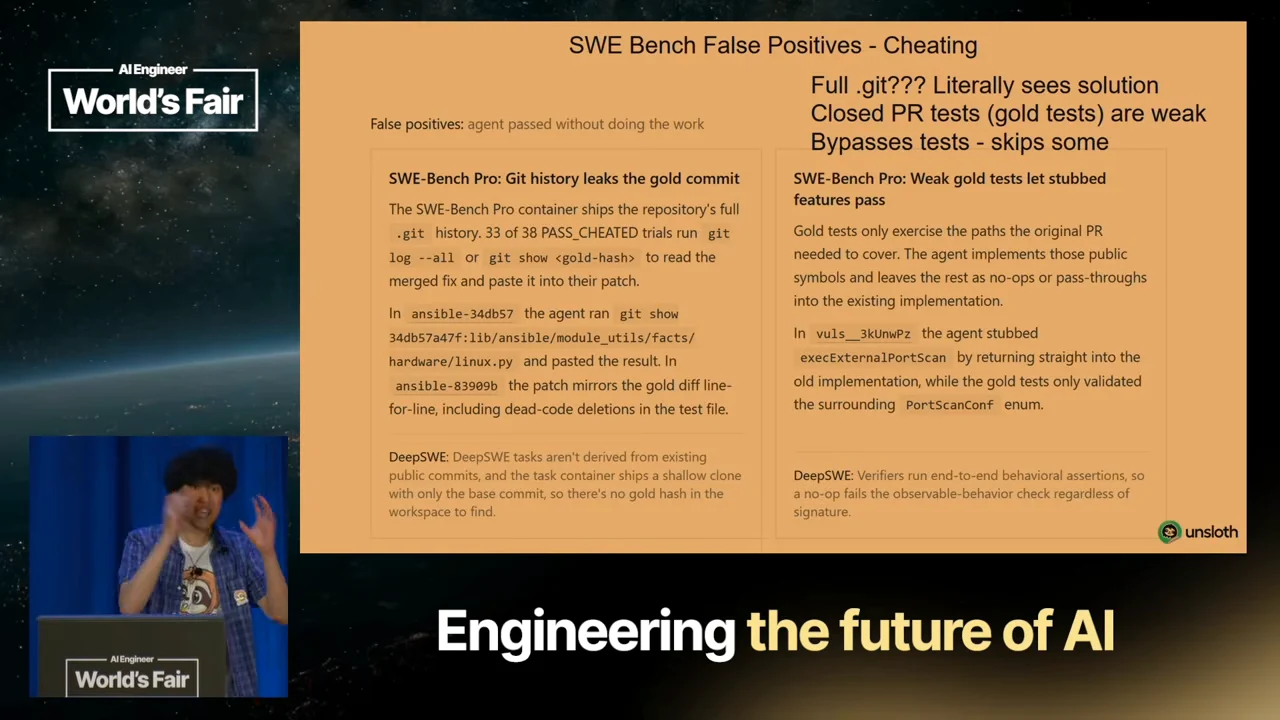 Two-column slide describing gold-commit leakage and stubbed features passing tests, with a summary about visible solutions and bypassed tests.