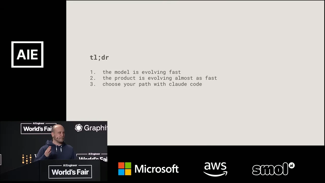 Slide titled “tl;dr” lists three points: the model is evolving fast, the product is evolving almost as fast, and choose your path with Claude Code.