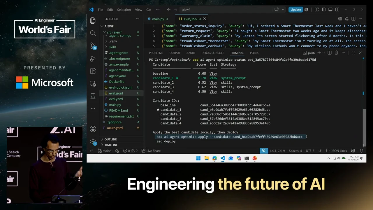VS Code terminal showing candidate scores and strategies, a starred candidate_1, candidate IDs, and a highlighted optimize apply command.