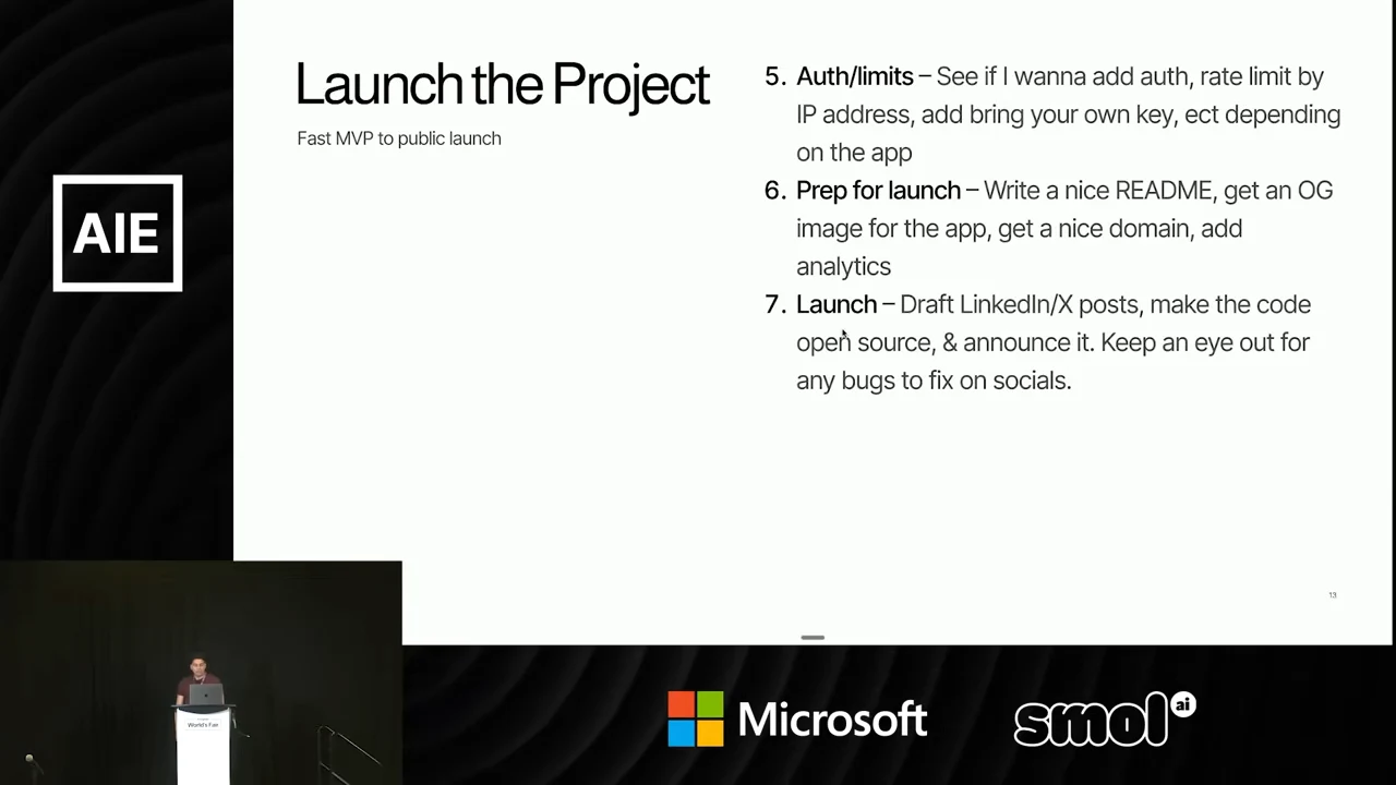 Slide listing steps 5–7: authentication and limits; README, OG image, domain, and analytics preparation; and LinkedIn/X posts, open-source code, announcement, and bug monitoring.