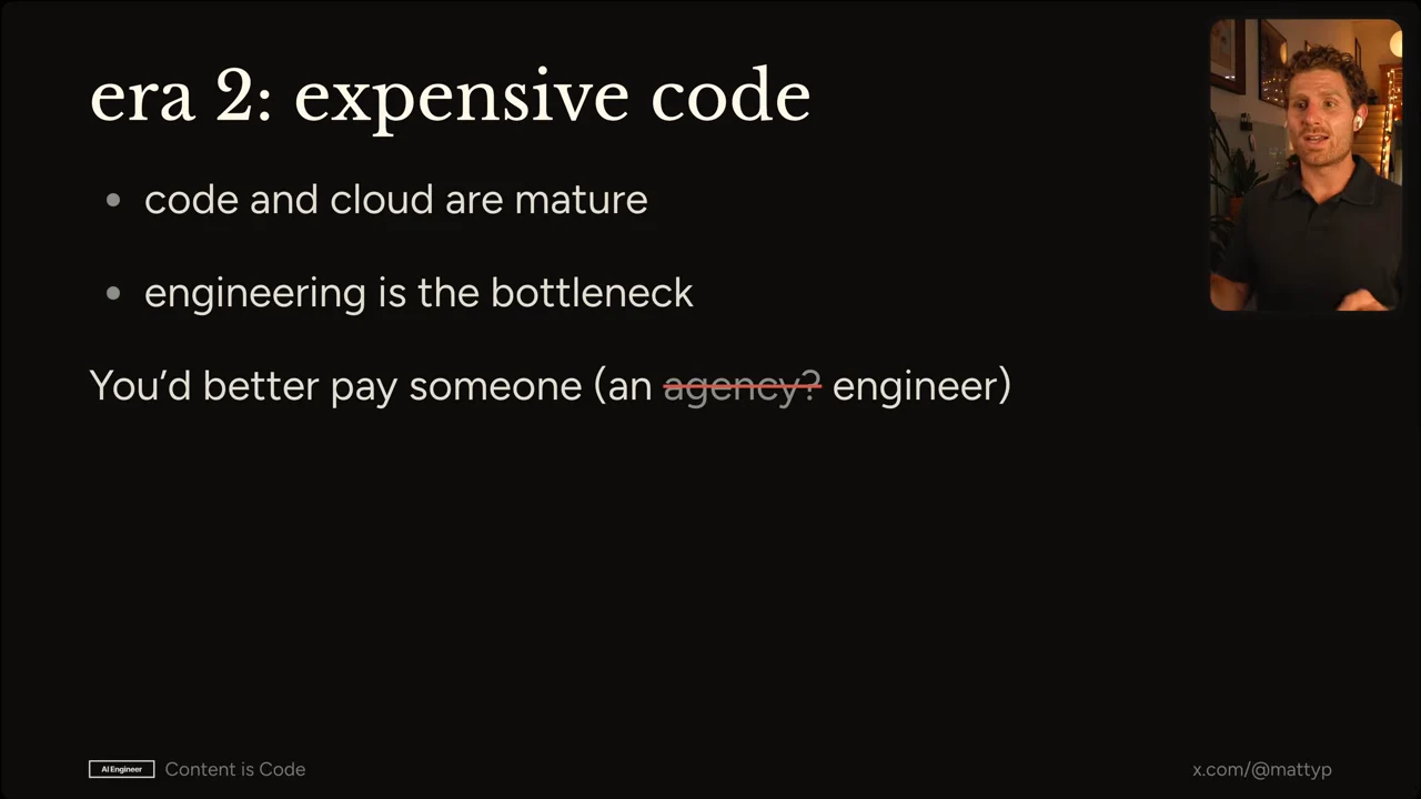 Slide titled “era 2: expensive code” lists mature code and cloud and engineering as the bottleneck. A closing line replaces crossed-out “agency?” with “engineer.”