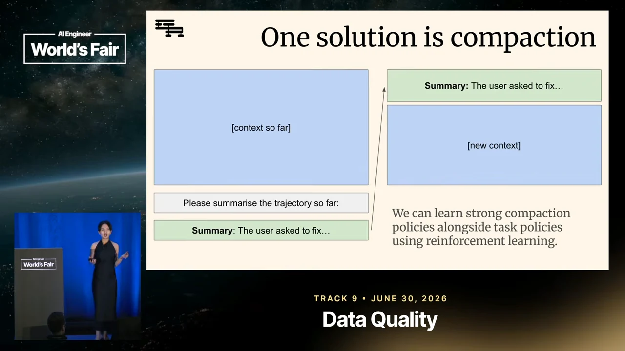 Slide titled “One solution is compaction” shows existing context summarized into a green box, then carried above a new context box. Text describes learning compaction and task policies using reinforcement learning.