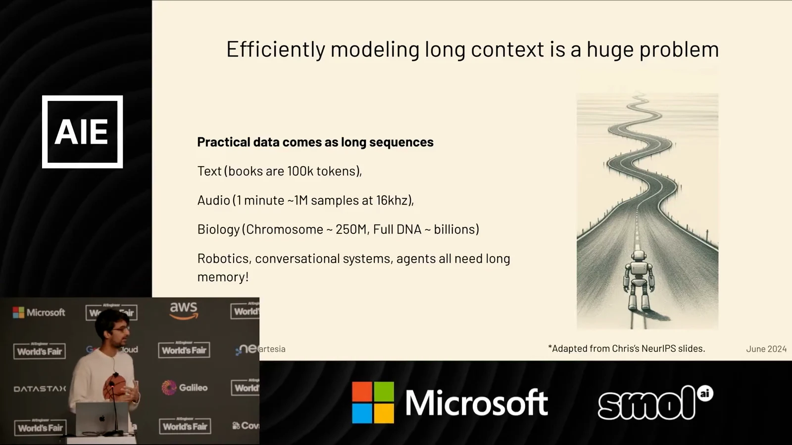 Goel’s slide puts books, audio, biology and interactive systems side by side as long-sequence workloads.