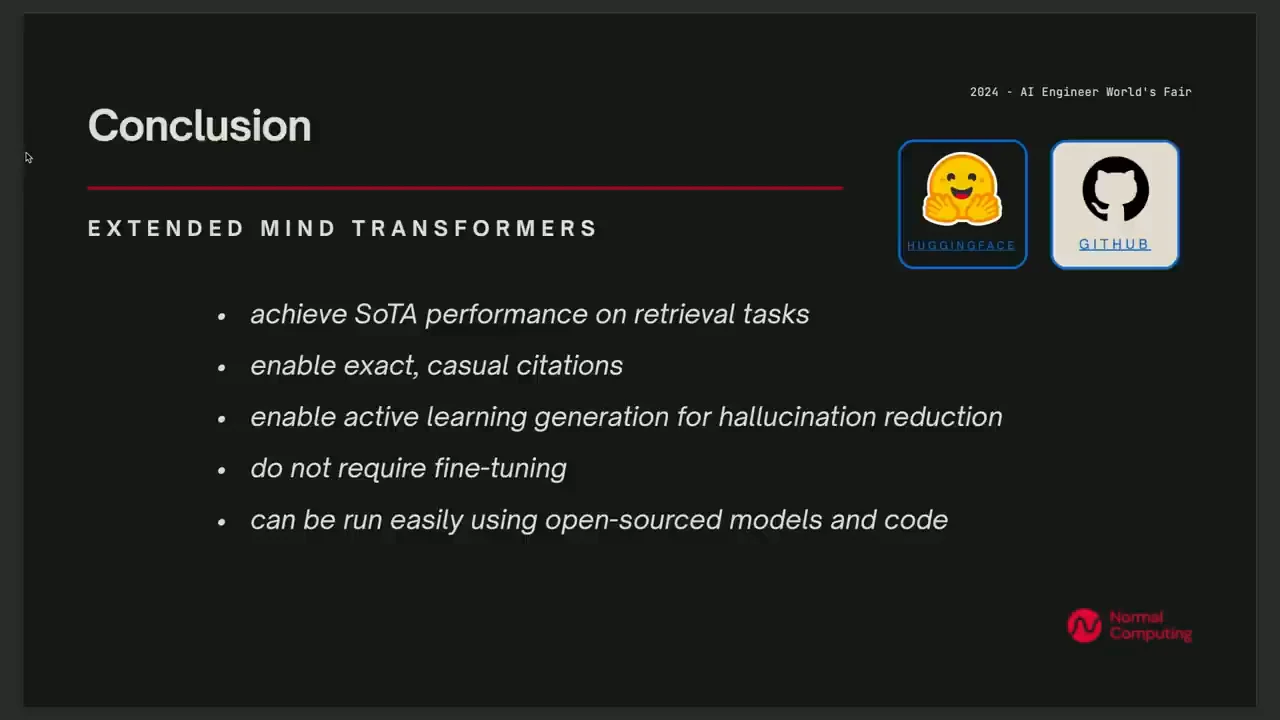 Conclusion slide with five bullets about Extended Mind Transformers and Hugging Face and GitHub icons.