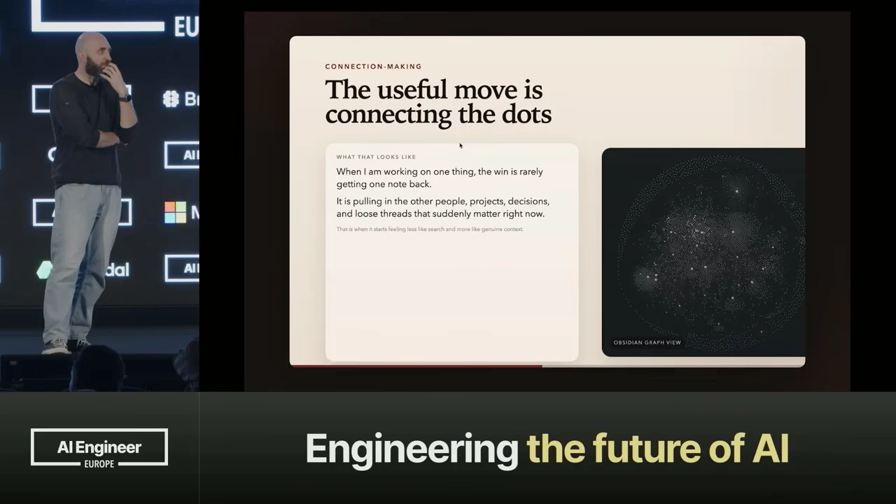 Slide titled “The useful move is connecting the dots,” with explanatory text beside an Obsidian graph showing clusters of connected nodes.