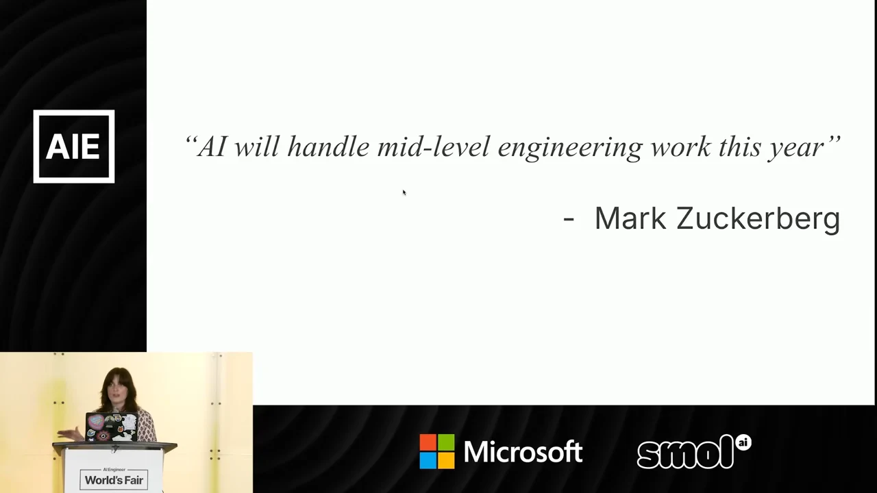 White slide quoting “AI will handle mid-level engineering work this year,” attributed to Mark Zuckerberg, with the speaker inset at bottom left.