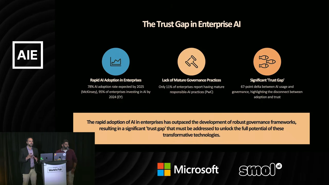 Slide titled “The Trust Gap in Enterprise AI,” with three columns covering rapid adoption, lack of mature governance practices, and a significant trust gap, above a highlighted takeaway.