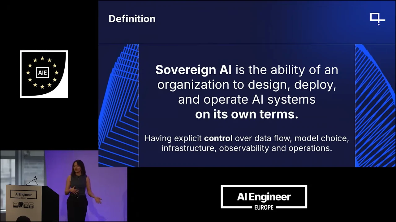 Definition slide describing sovereign AI and explicit control over data flow, model choice, infrastructure, observability and operations.