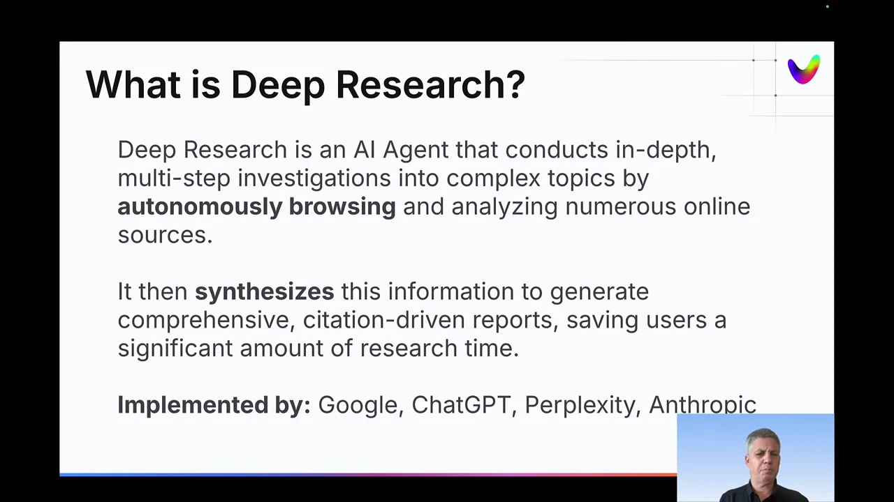 “What is Deep Research?” slide defines multi-step investigation, autonomous browsing, and synthesis, and lists Google, ChatGPT, Perplexity, and Anthropic.
