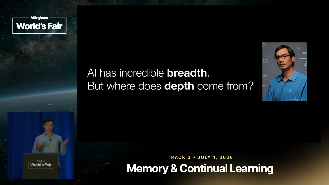 Slide asks where AI’s depth comes from, with breadth and depth in bold and a portrait on the right.