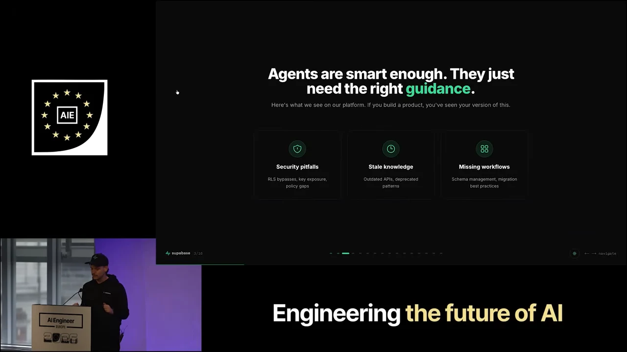 Slide titled “Agents are smart enough. They just need the right guidance.” with three cards: Security pitfalls, Stale knowledge, and Missing workflows.