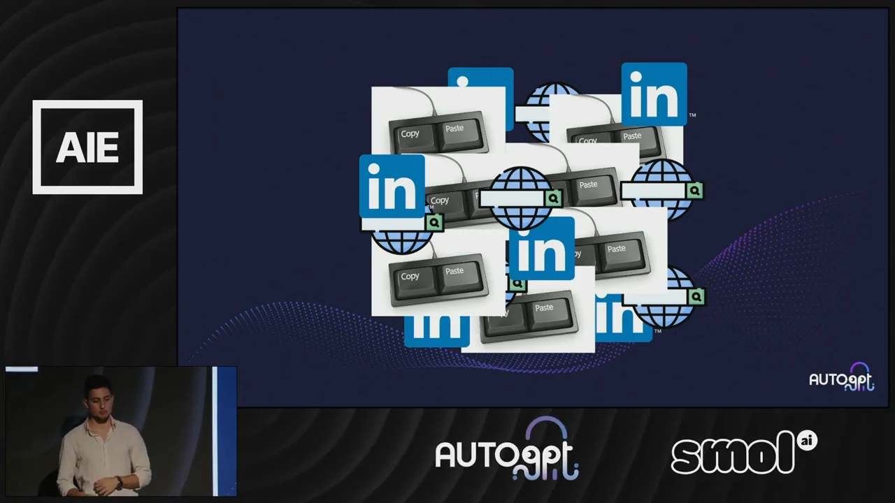 A dense collage of keyboard keys labeled Copy and Paste, LinkedIn logos, and globes with search bars.