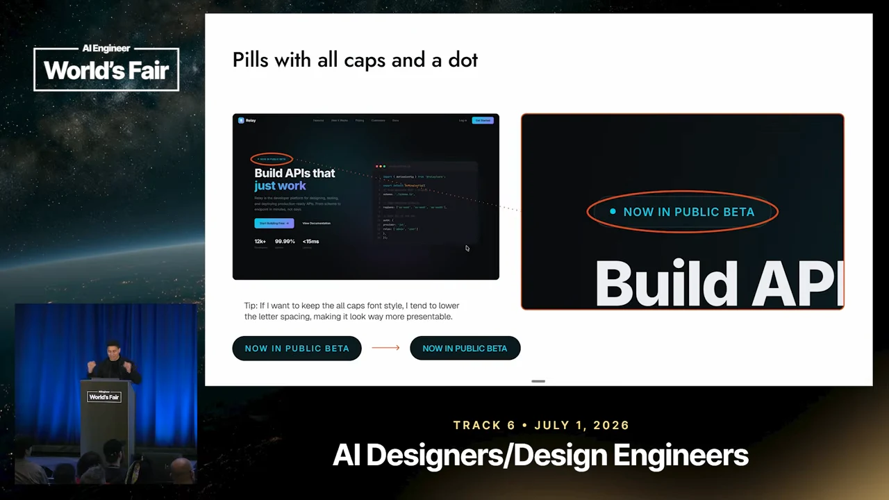 Slide titled “Pills with all caps and a dot” shows a landing page, an enlarged circled label, and two letter-spacing examples.