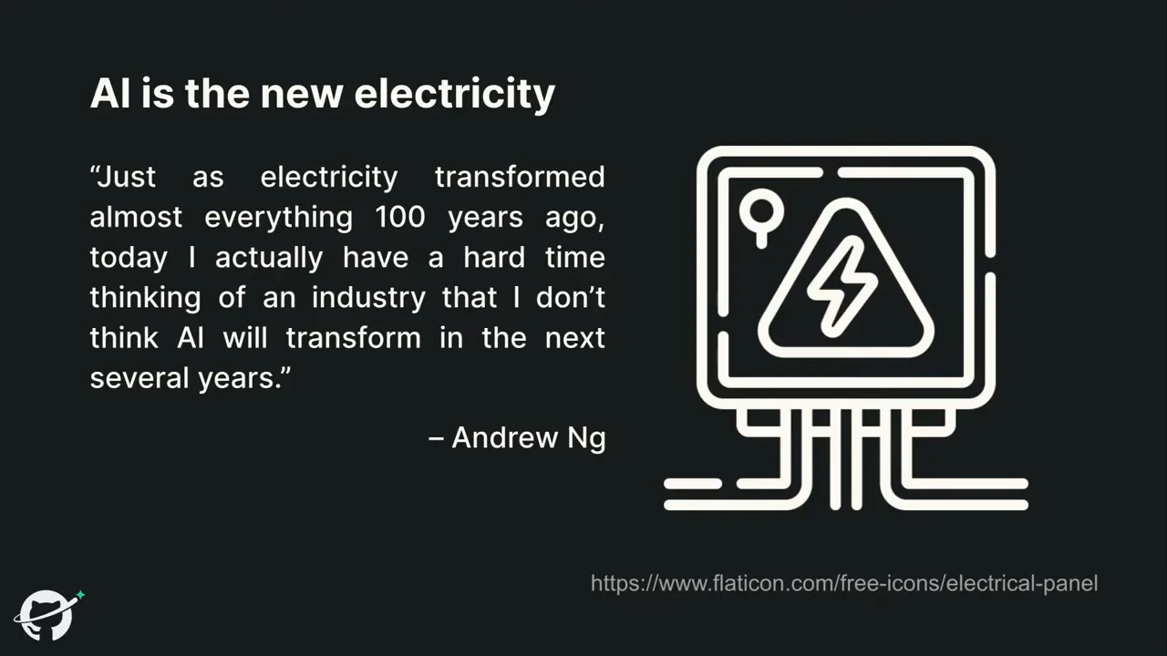 Slide with Andrew Ng’s quotation about AI transforming industries beside an electrical panel illustration.