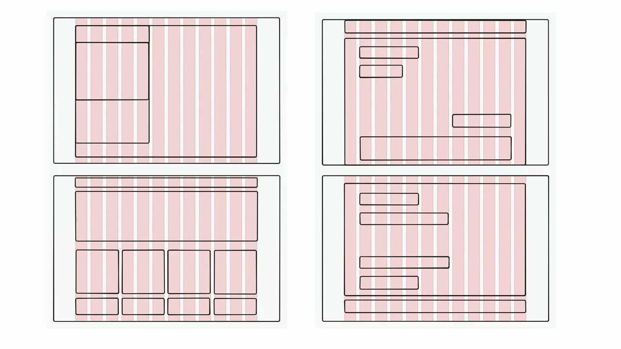 Four rectangular wireframes in a two-by-two arrangement, each showing different outlined content boxes over pink vertical columns.