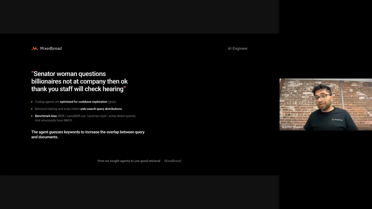 Slide quotes “Senator woman questions billionaires not at company then ok thank you staff will check hearing,” followed by bullets about codebase exploration, web-search query distributions, and benchmark bias.