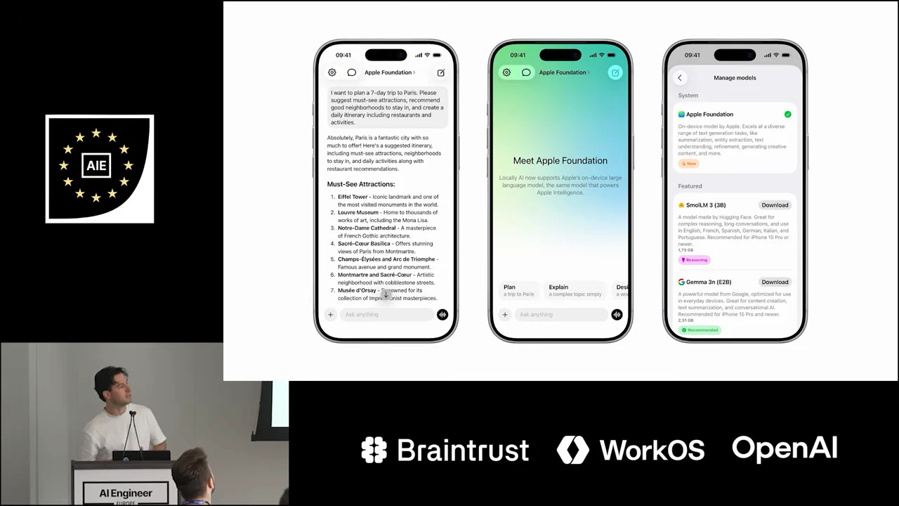 Slide with three iPhone screens: a chat response, a Meet Apple Foundation screen, and a Manage models list.