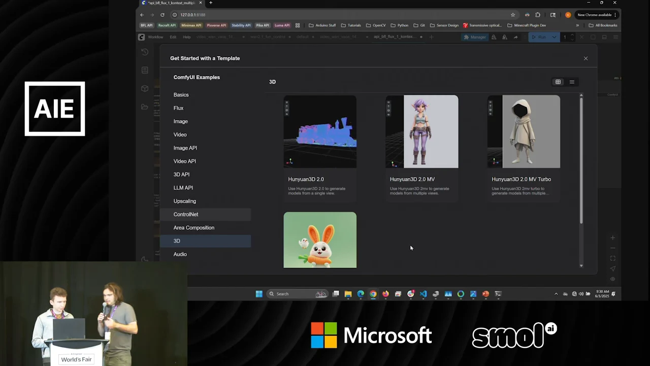 Template browser with the 3D category selected and cards showing a colorful scene, a humanoid figure, a hooded figure, and a rabbit.