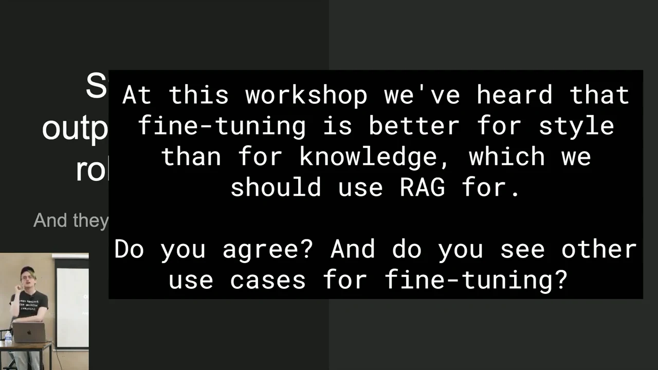 Black question overlay asks whether fine-tuning is better for style than knowledge, whether RAG should supply knowledge, and what other fine-tuning uses exist.