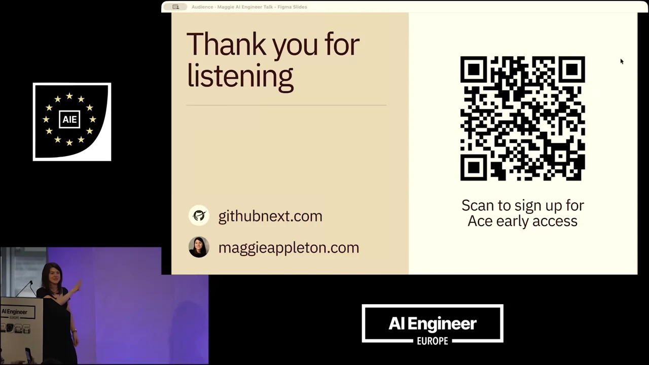 Closing slide reading “Thank you for listening,” with githubnext.com, maggieappleton.com, and a QR code labeled “Scan to sign up for Ace early access.”