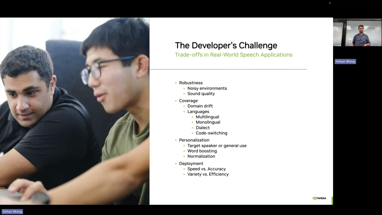 The Developer’s Challenge slide shows a photo of two people beside four categories of speech application requirements and trade-offs.
