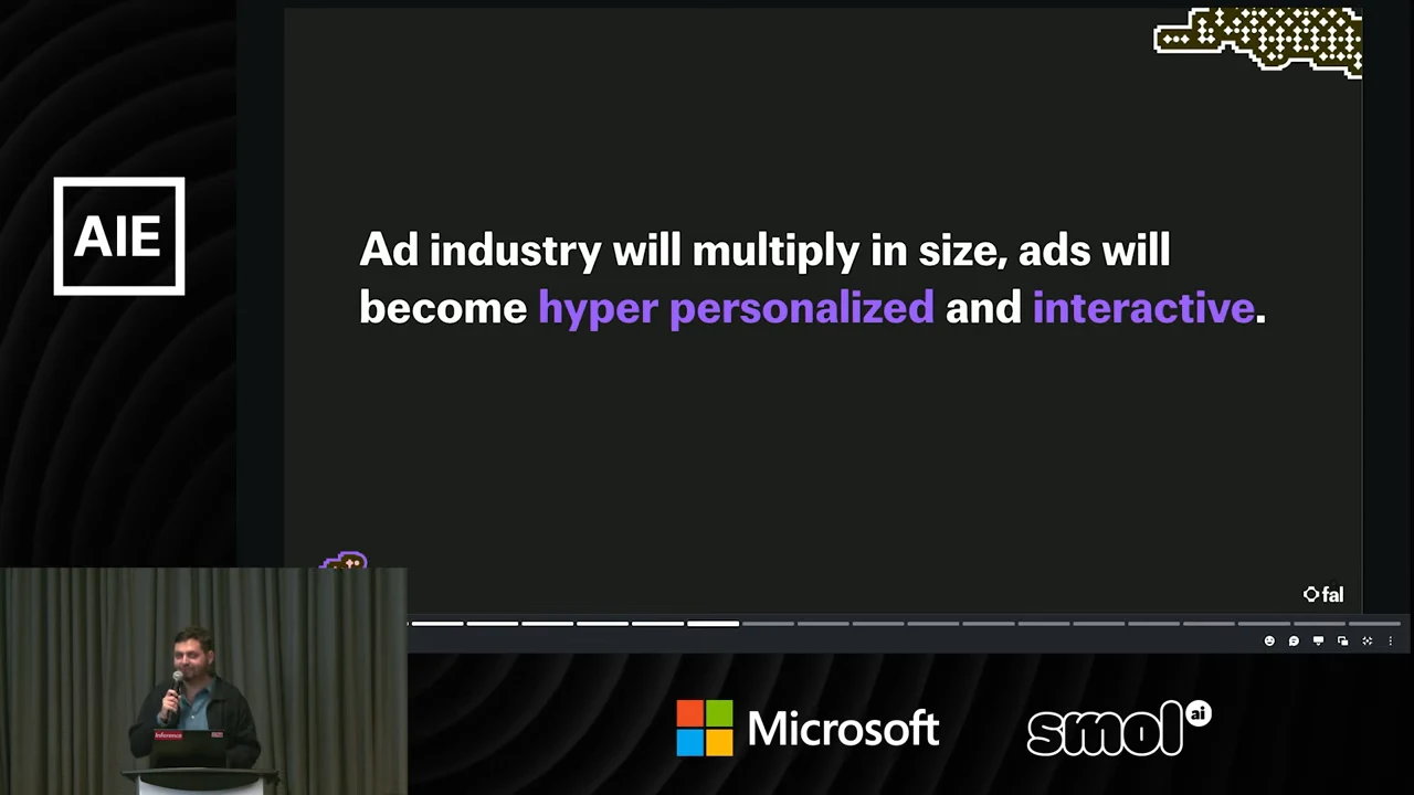 Dark slide reading “Ad industry will multiply in size, ads will become hyper personalized and interactive,” with the final two concepts highlighted in purple.