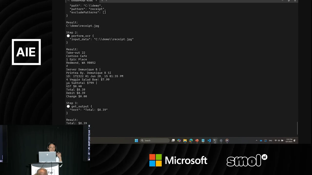 Terminal output shows a receipt image search result, OCR text, and a final result reading “Total: $8.39.”