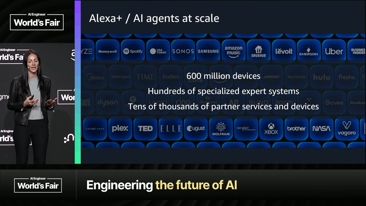 Slide titled “Alexa+ / AI agents at scale” with three scale statements over a grid of partner logos.