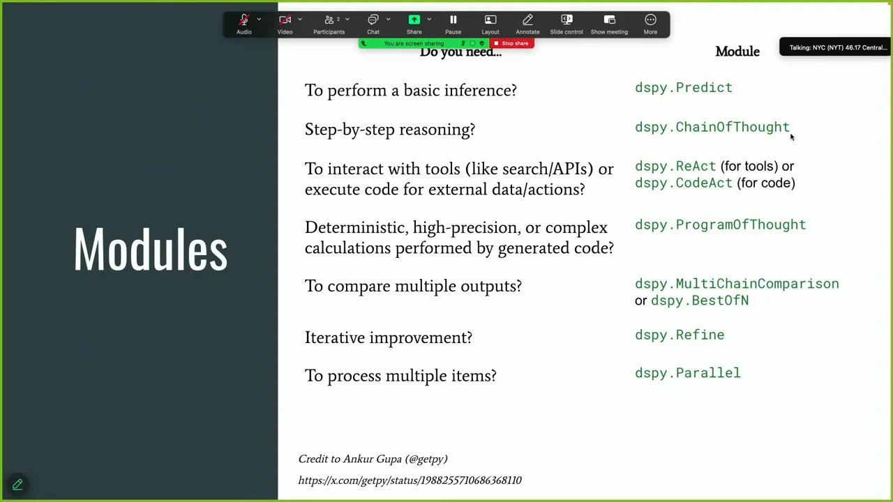 Modules slide mapping inference, reasoning, tools, generated calculations, output comparison, refinement, and parallel processing to DSPy modules.