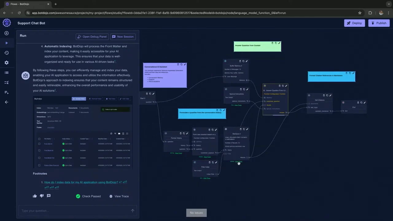 BotDojo support chatbot with a response and embedded screenshot on the left, connected workflow nodes on the right, and a green Check Passed indicator.