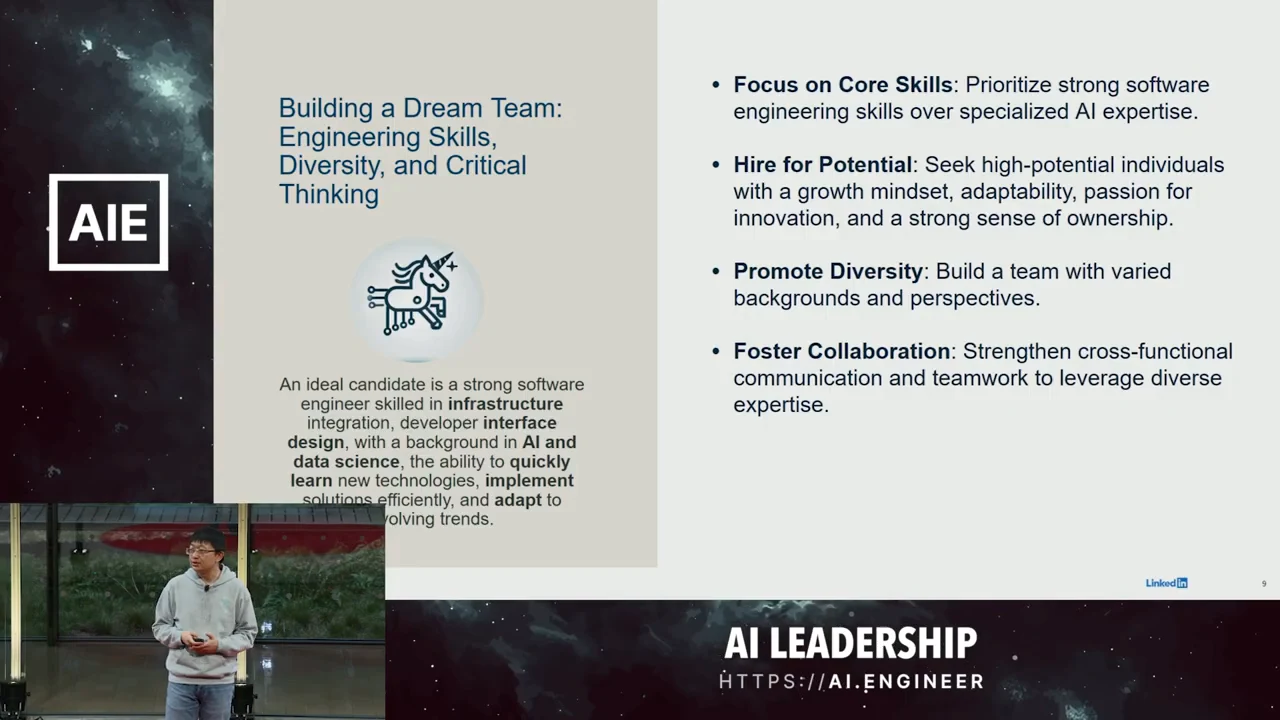 Dream Team slide shows an ideal engineer profile beside four bullets: Focus on Core Skills, Hire for Potential, Promote Diversity, and Foster Collaboration.