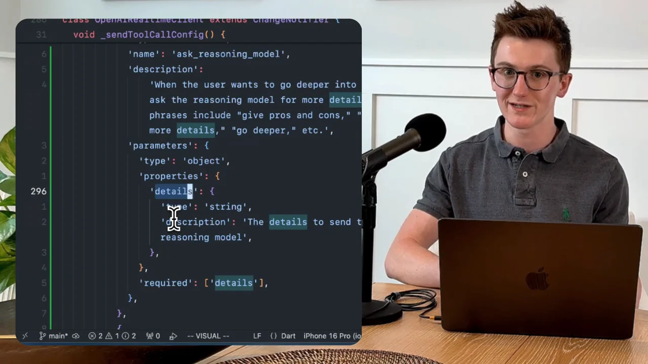 Code editor close-up showing ask_reasoning_model, its description, and a required string parameter named details beside the presenter.