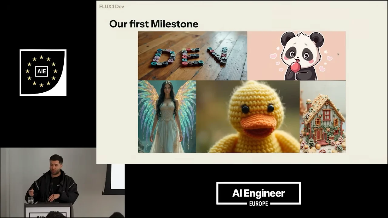 Collage showing colorful DEV lettering, a cartoon panda, a winged woman, a knitted yellow duck and an ornate house.