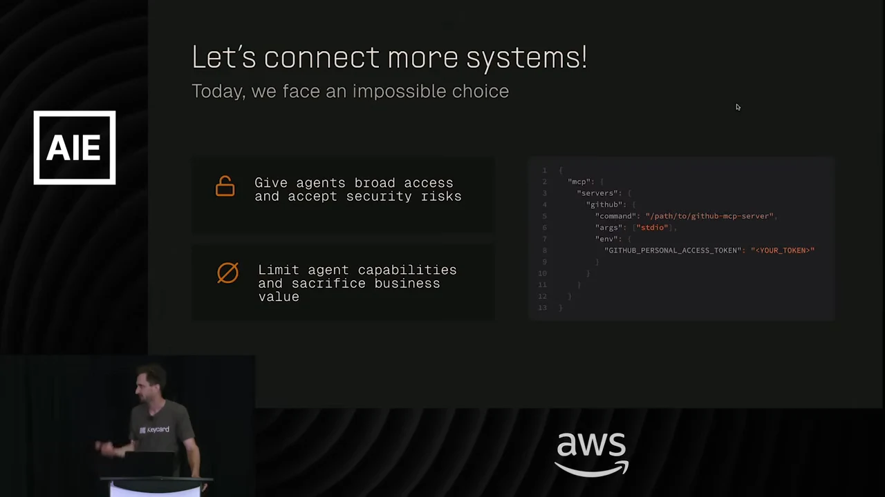 Slide titled “Let’s connect more systems!” with two access tradeoffs beside an MCP configuration containing a token placeholder.