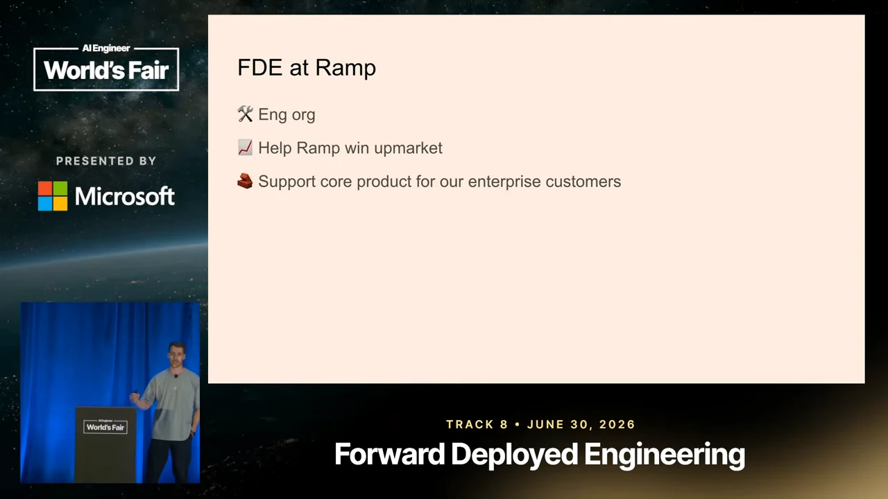 Slide titled “FDE at Ramp” with three points: “Eng org,” “Help Ramp win upmarket,” and “Support core product for our enterprise customers.”